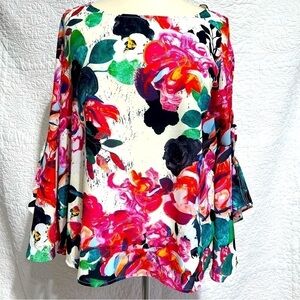 Orange Fashion Village bright floral blouse, size large.